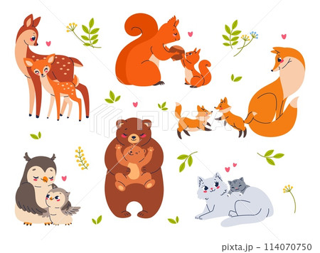 Happy parents and kids animals. Cute mothers with children, wildlife characters, cartoon fauna families, babies with moms, deer with fawn, fox and bear, cat and owl, vector cartoon flat set Happy parents and kids animals. Cute mothers with children, wildlife characters, cartoon fauna families, babies with moms, deer with fawn, fox and bear, cat and owl, vector cartoon flat set 114070750