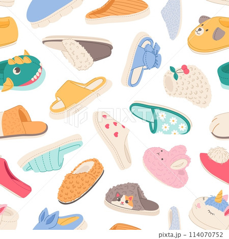 Home cozy slippers seamless pattern. Comfortable colorful house shoes, textile and fluffy fur footwear, cute animal faces, decor textile, wrapping, wallpaper design. Vector background Home cozy slippers seamless pattern. Comfortable colorful house shoes, textile and fluffy fur footwear, cute animal faces, decor textile, wrapping, wallpaper design. Vector background 114070752