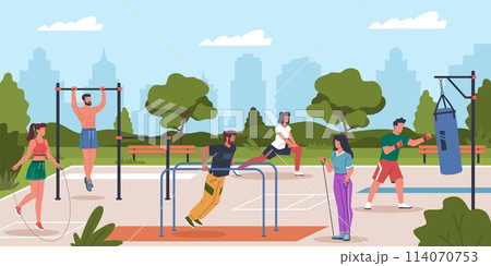 People on street workout. Athletes engaged fitness on outdoor sports ground, park turnstiles and exercise equipment, summer healthy lifestyle, cartoon flat style nowaday vector concept 114070753