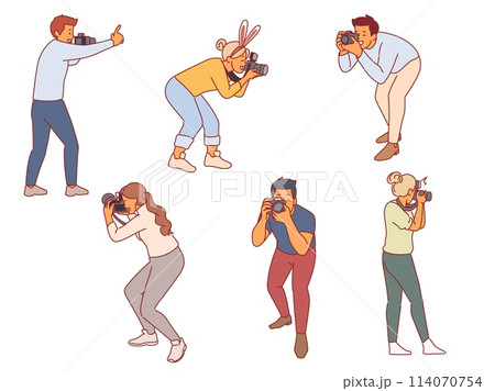 Professional photographers. People holding digital cameras, paparazzi taking photo, creative profession or hobby, quick pictures, men and women cartoon flat style isolated vector set 114070754