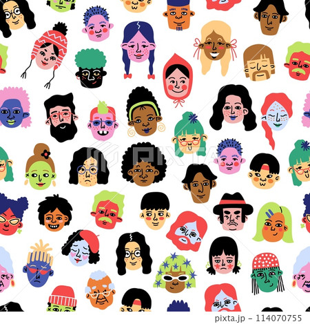 Quirky people portraits seamless pattern. Minimal, abstract contemporary style faces, funny comic characters. Decor textile, wrapping paper, wallpaper design. Tidy vector background Quirky people portraits seamless pattern. Minimal, abstract contemporary style faces, funny comic characters. Decor textile, wrapping paper, wallpaper design. Tidy vector background 114070755
