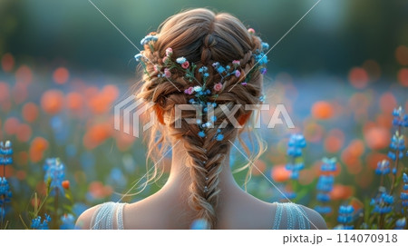 Woman With Braided Hair in Field of Flowers 114070918