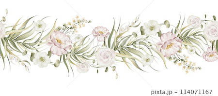Delicate watercolor roses. Floral seamless border of plants and flowers. Wedding decoration for invitation design. Garland of foliage on a white background in pastel colors. Delicate watercolor roses. Floral seamless border of plants and flowers. Wedding decoration for invitation design. Garland of foliage on a white background in pastel colors. 114071167