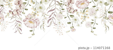 Delicate watercolor roses. Floral seamless border of plants and flowers. Wedding decoration for invitation design. Garland of foliage on a white background in pastel colors. 114071168