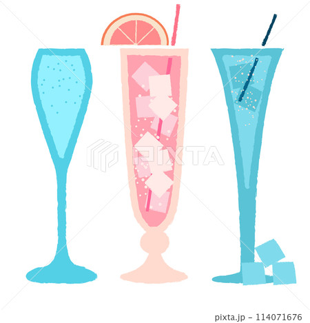 Vector set of flat cocktail glasses. Blue champagne. Pink drink with grapefruit 114071676