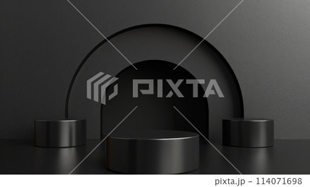 Black room with round podium and arch 114071698
