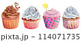 Cupcake muffin cream watercolor drawing set. Cake bakery whipped chocolate. Vanilla fruit tasty dessert illustration. Birthday breakfast party topping isolated white background. Decoration tea cafe 114071735