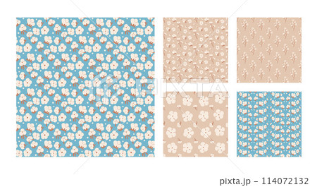 Seamless patterns collection of cotton plant flowers. Branches and ripe cotton bolls endless background set. Purity, innocence symbols repeat covers. Vector hand drawn illustration. Seamless patterns collection of cotton plant flowers. Branches and ripe cotton bolls endless background set. Purity, innocence symbols repeat covers. Vector hand drawn illustration. 114072132