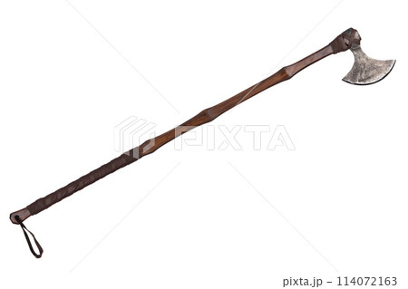 antique battle axe with long wooden handle on white 114072163