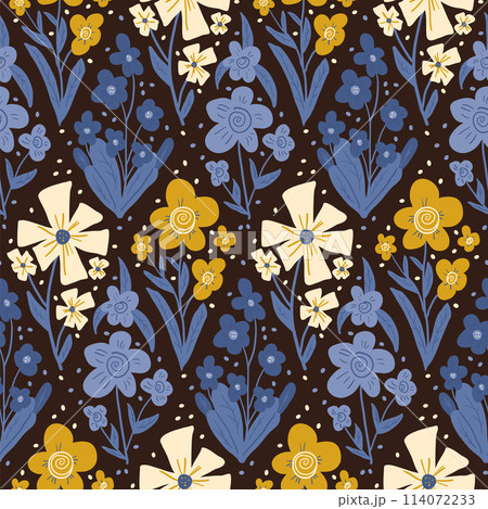Retro flowers seamless pattern. Floral dark endless background. Wild flower ornament tile. Vintage botanic repeat cover. Vector hand drawn illustration. 114072233