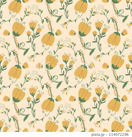 Vintage flowers seamless pattern. Floral retro endless background. Summer botanic repeat cover. Vector hand drawn illustration. 114072296