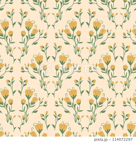Vintage wildflowers with leaves seamless pattern. Floral endless background. Flower and foliage loop tiled ornament Summer botanic repeat cover. Vector hand drawn illustration. 114072297