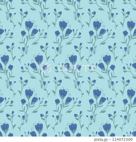 Blue wildflowers with leaves seamless pattern. Floral endless background. Flower loop tiled ornament Summer botanic repeat cover. Vector hand drawn illustration. 114072300