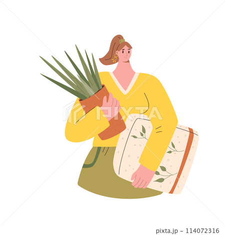 Woman with plant and ground bag isolated on white background. Horticulture gardener hobby character. Houseplant and garden market and store purchase. Vector illustration. Woman with plant and ground bag isolated on white background. Horticulture gardener hobby character. Houseplant and garden market and store purchase. Vector illustration. 114072316