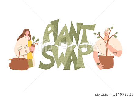 Plant swap emblem. Women exchange houseplant, seeding and gardening together isolated on white background. Eco friendly lifestyle party. Event of potted flowers market. Vector illustration. Plant swap emblem. Women exchange houseplant, seeding and gardening together isolated on white background. Eco friendly lifestyle party. Event of potted flowers market. Vector illustration. 114072319