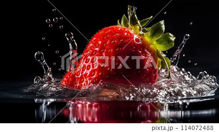 Red strawberry fruit falling at the water surface. Water splash explosion. 114072488