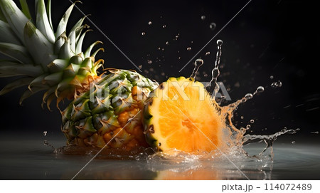 Yellow pineapple fruit and a slice fall into the water and splashing with dark background. 114072489