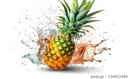 Yellow Pineapple fruit water splash explosion at the back with white background. 114072490