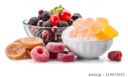Fruit juice jelly or fruity gummy candies with sugar topping, black berry fruit, red currant as appetizer studio shot isolated on white background. 114072631
