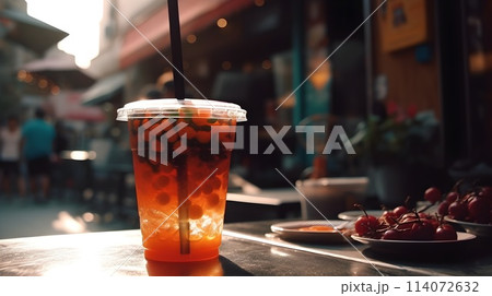 Juicy fruit boba drink at the restaurant market table blurry urban background. Juicy fruit boba drink at the restaurant market table blurry urban background. 114072632