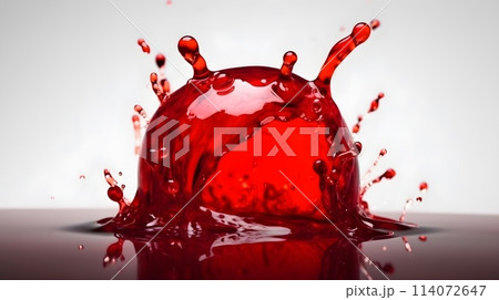 Red transparent thick liquid fall and splashing at the surface isolated on white background. Red transparent thick liquid fall and splashing at the surface isolated on white background. 114072647