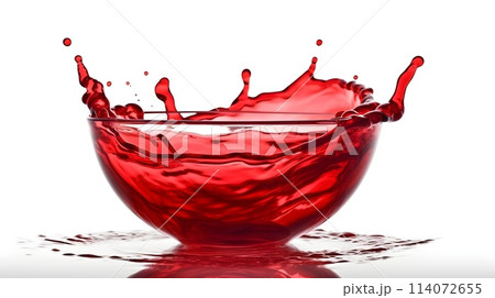 Red transparent liquid fall and splashing at the glass bowl isolated on white background. 114072655