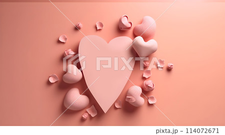 Pink template copy space heart shape or love shape and flower ornament design element background. Valentines day, birthday, wedding anniversary, present or special romantic couple greetings. 114072671