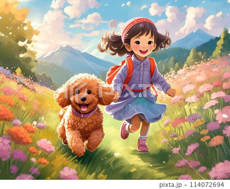 草原を駆け抜けるトイプードルと少女のイラスト素材 [114072694