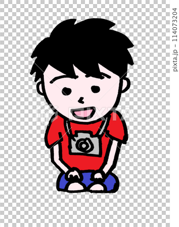 A smiling camera boy (cameraman) sitting upright 114073204