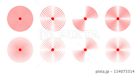 Set of red concentric circles. Pain localization icons. Sore or inflammation symbols. Pulse, shockwave or vibration sign. Soundwave, coverage, radar or sonar signal pictograms. Vector illustration Set of red concentric circles. Pain localization icons. Sore or inflammation symbols. Pulse, shockwave or vibration sign. Soundwave, coverage, radar or sonar signal pictograms. Vector illustration 114073314