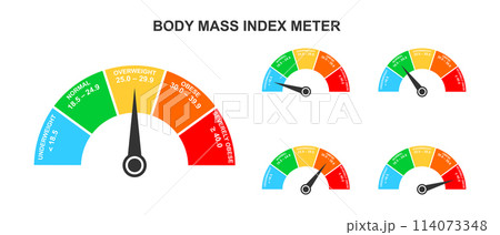 Body mass index meters. Set of infographic BMI dashboards with arrows. Weight measuring scales with underweight, normal, overweight and obese ranges. Vector flat illustration Body mass index meters. Set of infographic BMI dashboards with arrows. Weight measuring scales with underweight, normal, overweight and obese ranges. Vector flat illustration 114073348