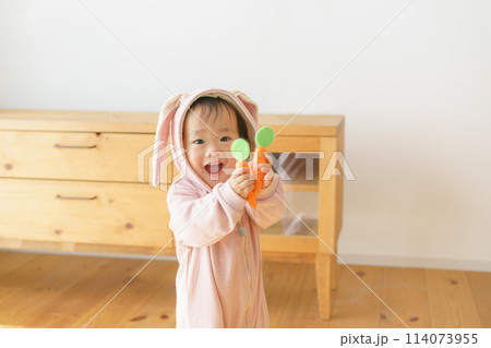 ウサギの着ぐるみを着た赤ちゃん ウサギの着ぐるみを着た赤ちゃん 114073955