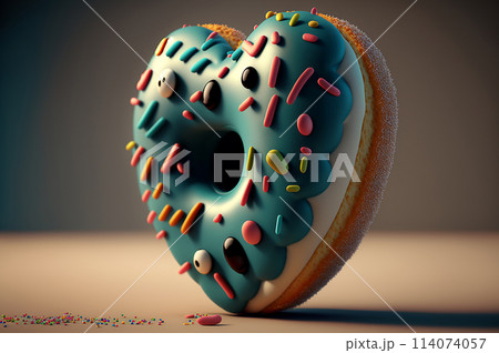 Valentines Day doughnuts flat lay. Donuts Generative AI, heart shaped donut with sprinkles. 114074057
