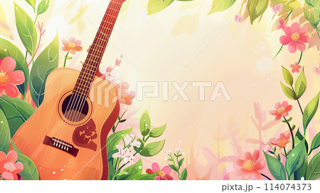 Acoustic guitar resting in field of flowers. Background with copy space 114074373