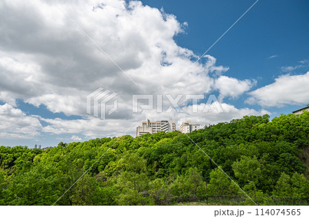 彩都西公園から眺めた山の上の建物　大阪府箕面市 114074565