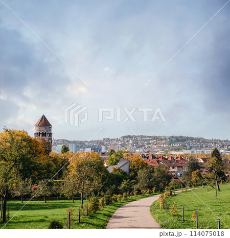 Germany, Stuttgart panorama view. Beautiful houses in autumn, Sky and nature landscape. Vineyards in Stuttgart - colorful wine growing region in the south of Germany with view over Neckar Valley Germany, Stuttgart panorama view. Beautiful houses in autumn, Sky and nature landscape. Vineyards in Stuttgart - colorful wine growing region in the south of Germany with view over Neckar Valley 114075018