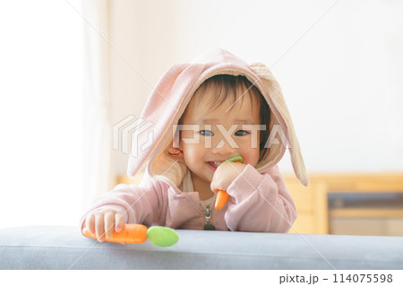 ウサギの着ぐるみを着た赤ちゃん 114075598