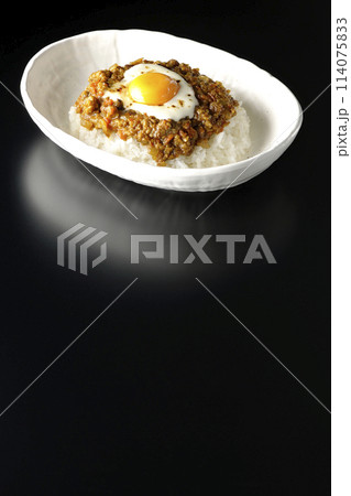 卵黄、焦がしチーズ乗せキーマカレーを黒背景で撮影 114075833