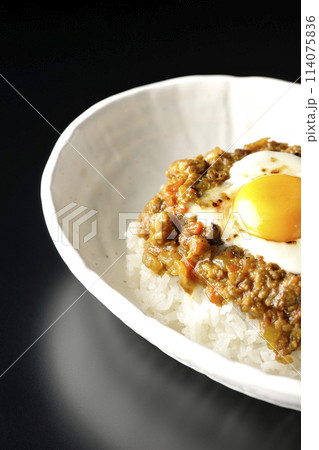 卵黄、焦がしチーズ乗せキーマカレーを黒背景で撮影 卵黄、焦がしチーズ乗せキーマカレーを黒背景で撮影 114075836