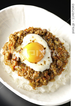 卵黄、焦がしチーズ乗せキーマカレーを黒背景で俯瞰撮影 卵黄、焦がしチーズ乗せキーマカレーを黒背景で俯瞰撮影 114075943