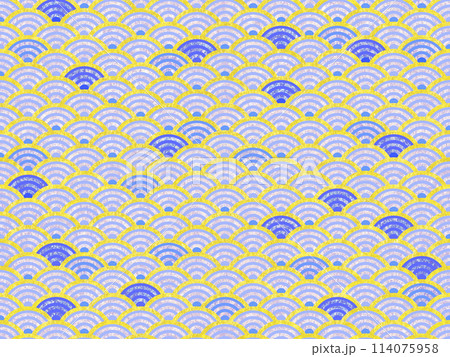 金色の枠にランダムな差し色の入った青海波文様背景 114075958