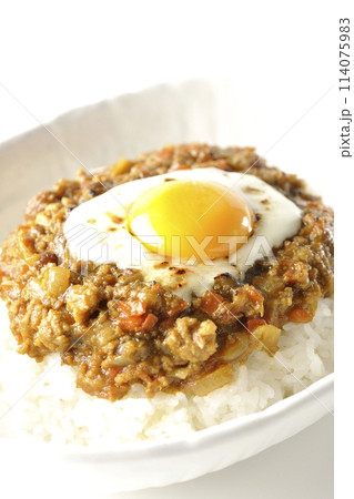 卵黄、焦がしチーズ乗せキーマカレーを白背景で撮影 卵黄、焦がしチーズ乗せキーマカレーを白背景で撮影 114075983