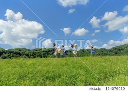 夏の草地で遊ぶ子供たち 114076010