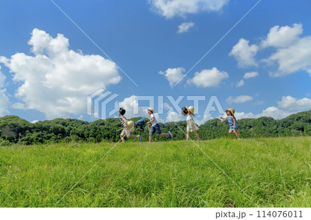夏の草地で遊ぶ子供たち 114076011