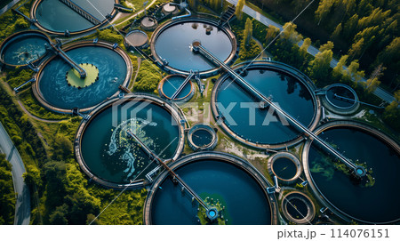 A series of large water tanks are shown in the air 114076151