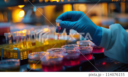 A scientist is holding a test tube with a red liquid in it 114076155