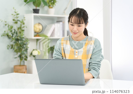 パソコン作業をするエプロンを着た女性 パソコン作業をするエプロンを着た女性 114076323