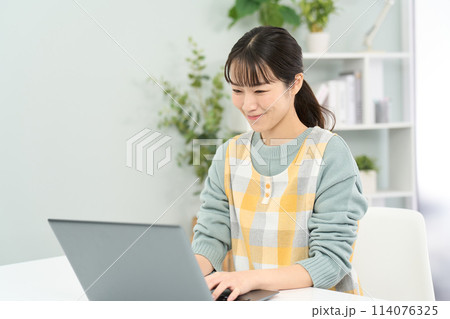 パソコン作業をするエプロンを着た女性 114076325