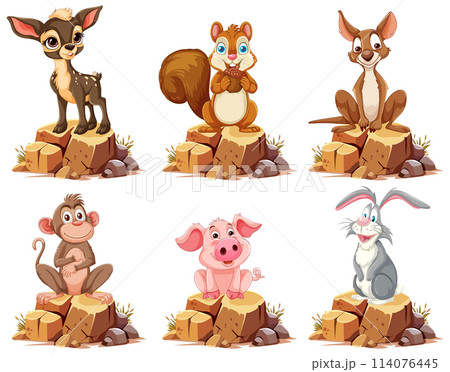 Cute Cartoon Animals on Wooden Stumps 114076445