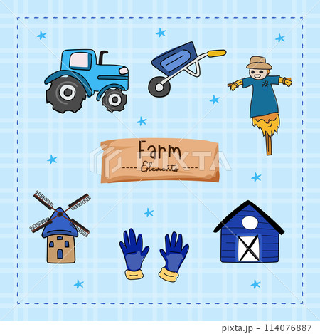Hand drawn doodle set of farm elements. Vector illustration. Hand drawn doodle set of farm elements. Vector illustration. 114076887